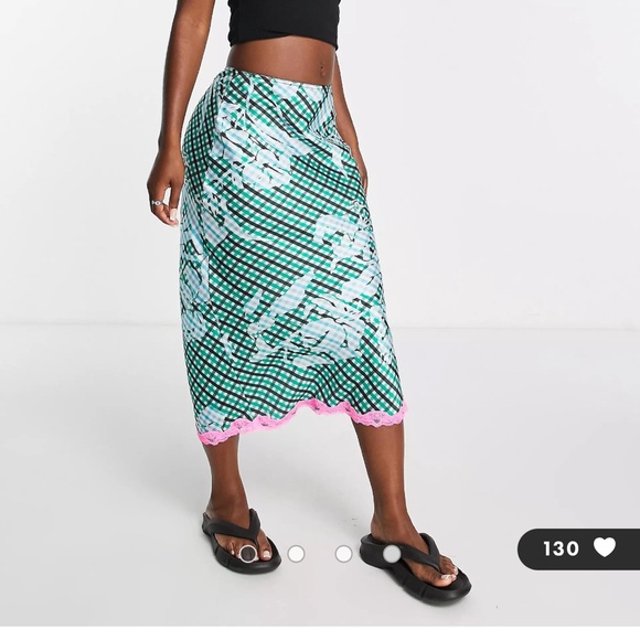 Topshop check satin bias midi skirt with lace trim - Picture 2 of 7